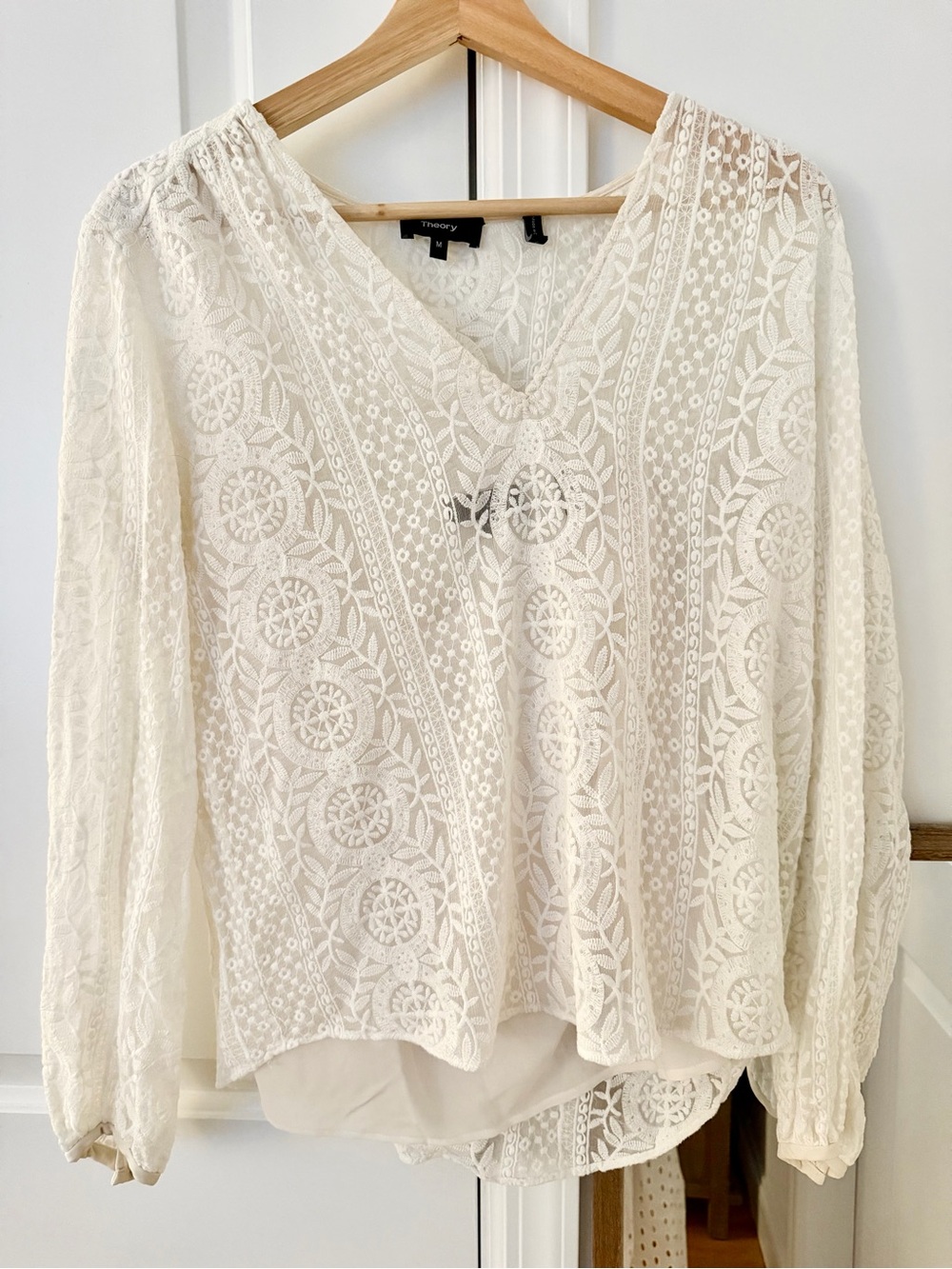 Theory Bernetta Colemore sheer lace crochet silk blouse white/ivory medium